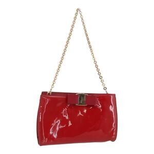 Salvatore Ferragamo Chain Accessory Pouch Patent leather Red Gold Auth 158654